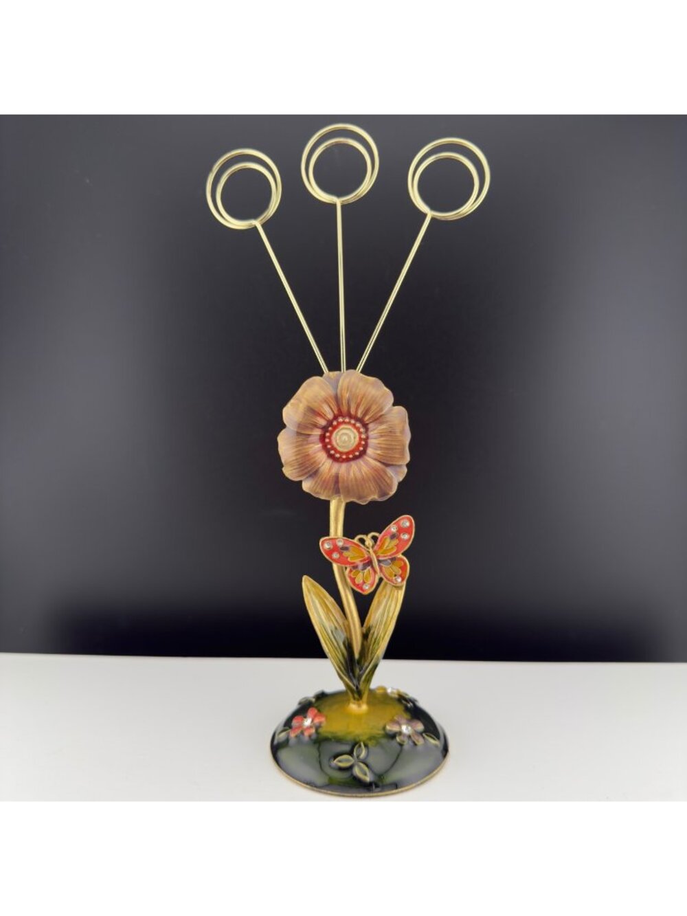 Vintage Butterfly Flower Photo Holder Metal Enamel Rhinestone Memo Card Display